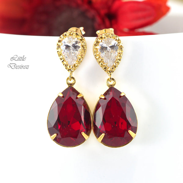 Dark Red Earrings Red Crystal Earrings Bridesmaid Jewelry Gold Earrings  Siam Earrings Cubic Zirconia Earrings Teardrop Stone SI31P