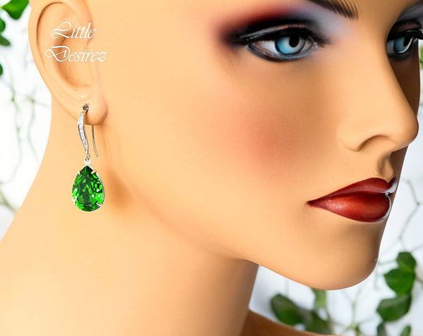 Green Earrings Bright Green Earrings Bridesmaid Earrings  Crystal Fern Green Teardrop Earrings Sparkly Bridal Wedding Earring FG31H