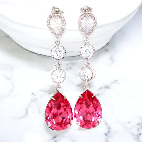 Pink Earrings Fuchsia Earrings Hot Pink Earrings Long Crystal Earrings Magenta Earrings Sparkly Pink Bridal Earrings RP31PCC